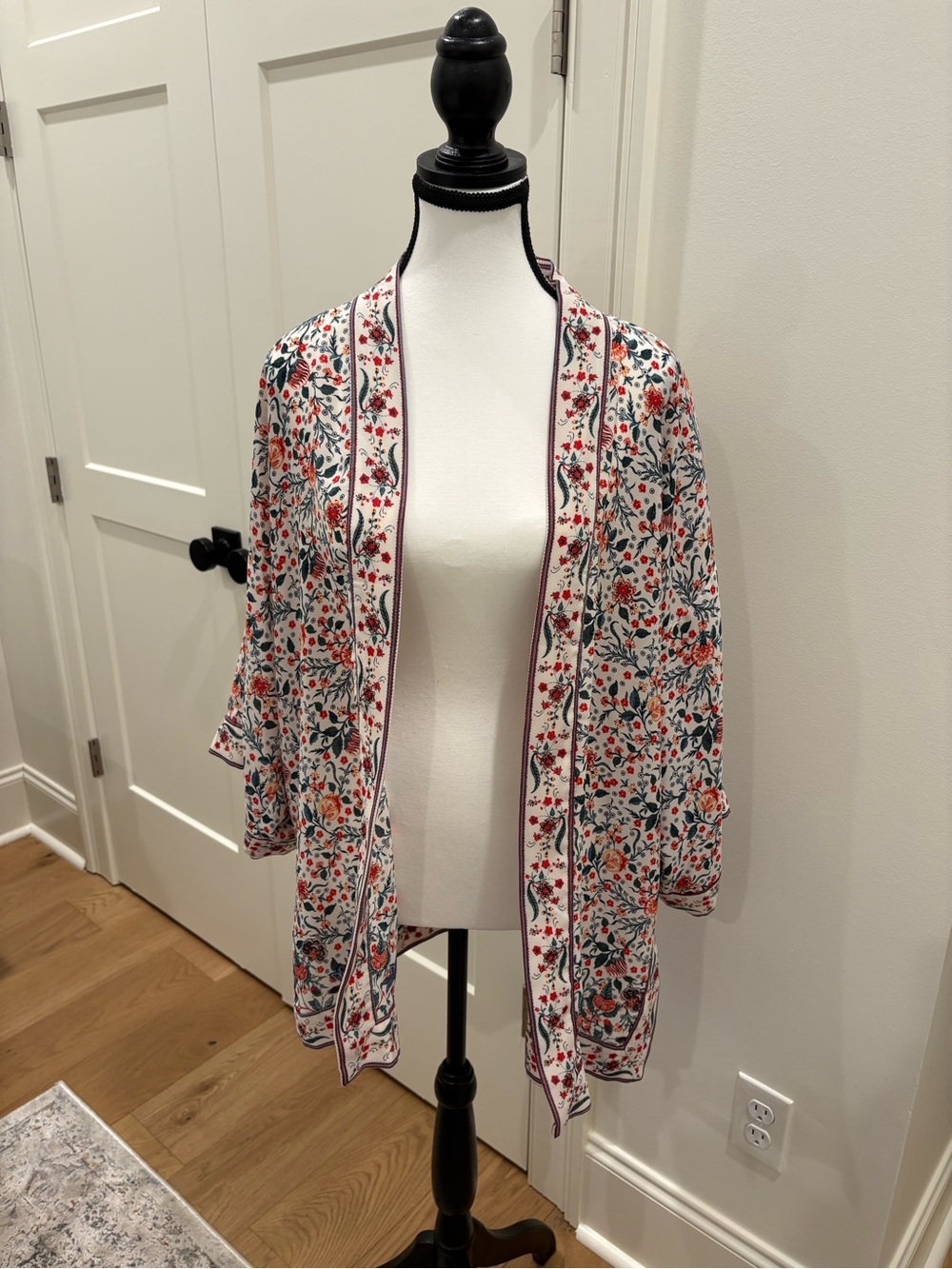 Max Studio Cream Floral Open-Front Kimono with Red & Green Accents